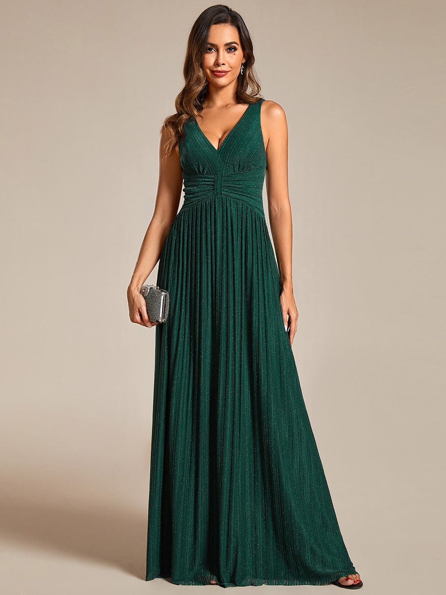 V-Neck Sleeveless A-Line Evening Dress with Subtle Glitter #color_Dark Green