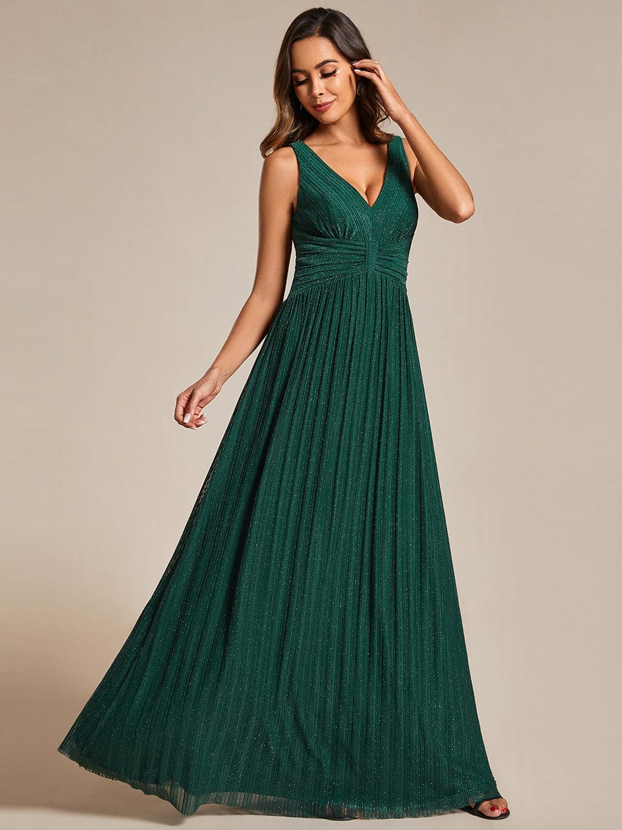 V-Neck Sleeveless A-Line Evening Dress with Subtle Glitter #color_Dark Green