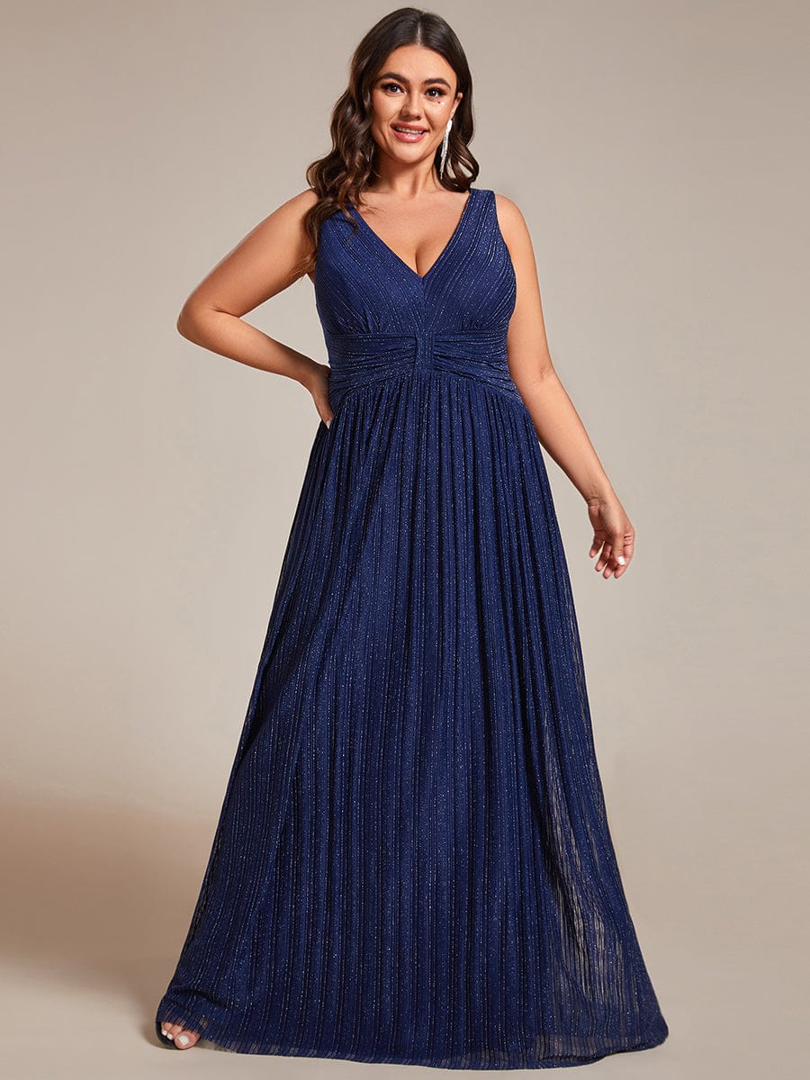 Plus Size V-Neck Sleeveless A-Line Evening Dress with Subtle Glitter #color_Navy Blue