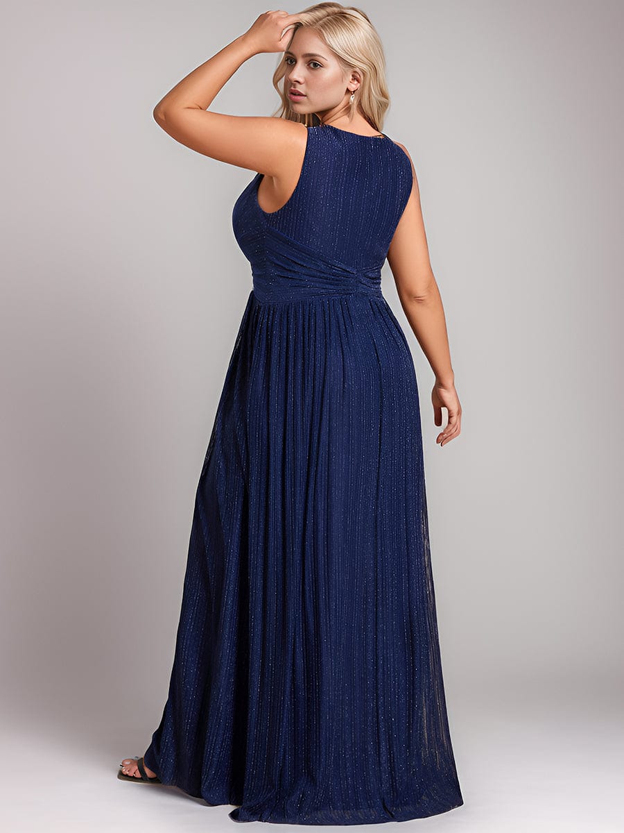 V-Neck Sleeveless A-Line Evening Dress with Subtle Glitter #color_Navy Blue