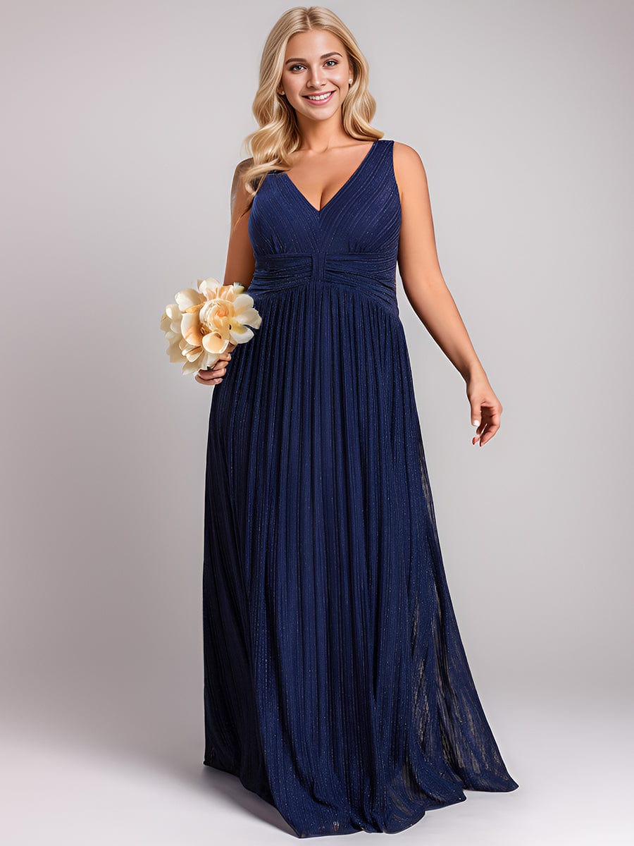 V-Neck Sleeveless A-Line Evening Dress with Subtle Glitter #color_Navy Blue