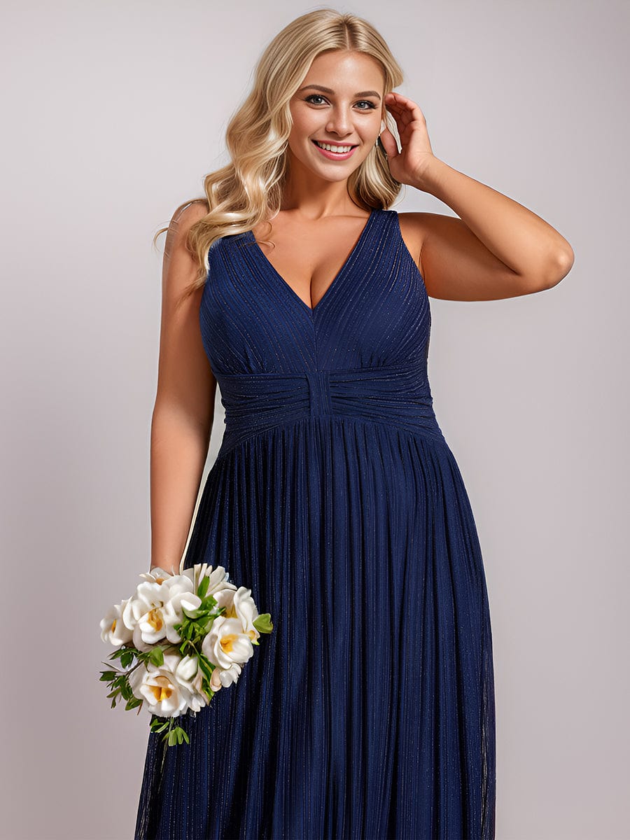 V-Neck Sleeveless A-Line Evening Dress with Subtle Glitter #color_Navy Blue