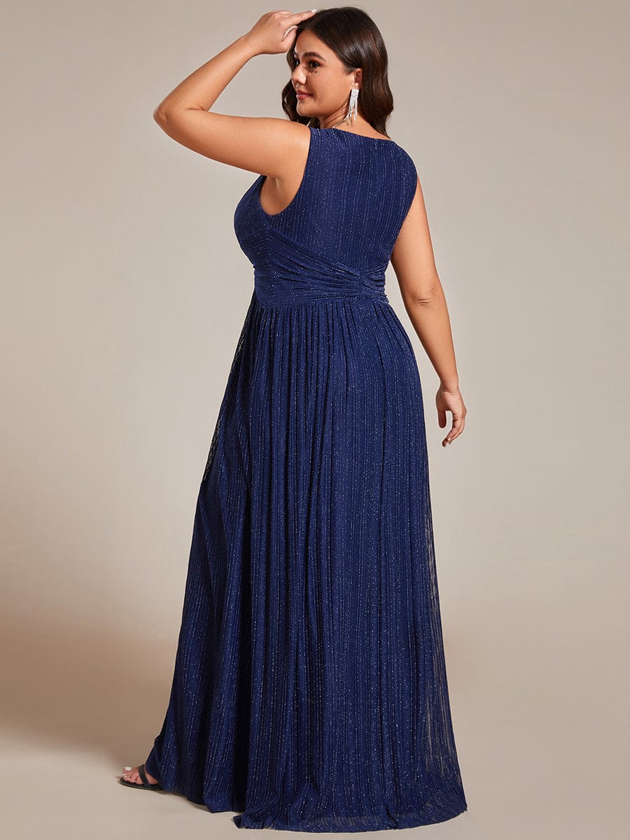 Plus Size V-Neck Sleeveless A-Line Evening Dress with Subtle Glitter #color_Navy Blue