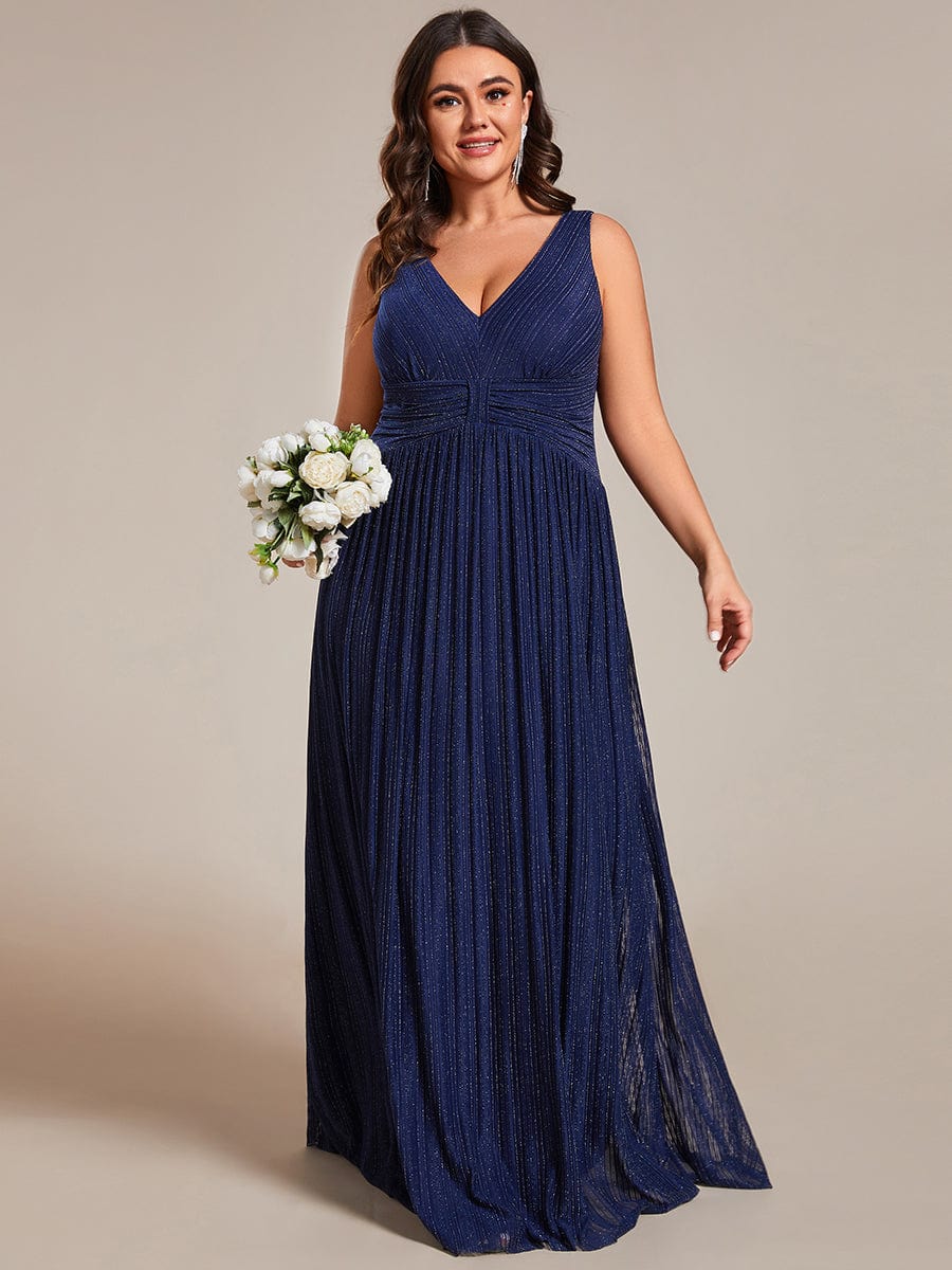 Plus Size V-Neck Sleeveless A-Line Evening Dress with Subtle Glitter #color_Navy Blue