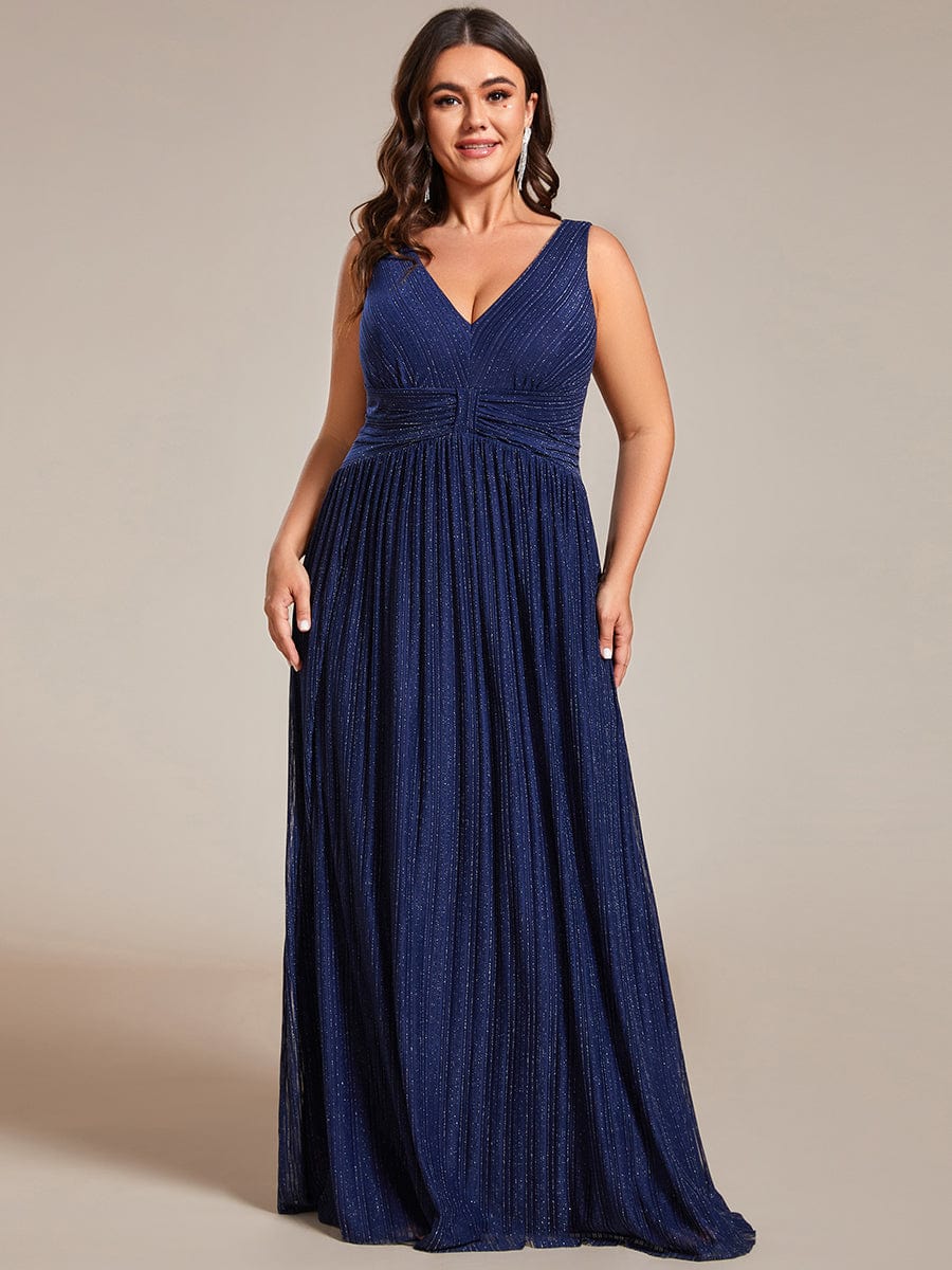 Plus Size V-Neck Sleeveless A-Line Evening Dress with Subtle Glitter #color_Navy Blue