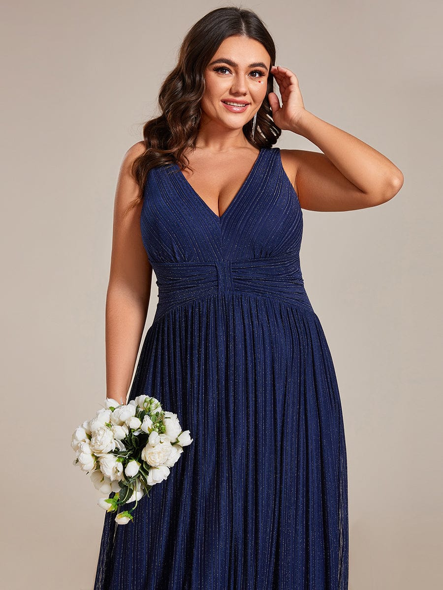 Plus Size V-Neck Sleeveless A-Line Evening Dress with Subtle Glitter #color_Navy Blue