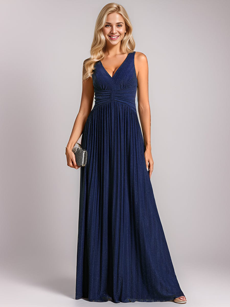 V-Neck Sleeveless A-Line Evening Dress with Subtle Glitter #color_Navy Blue