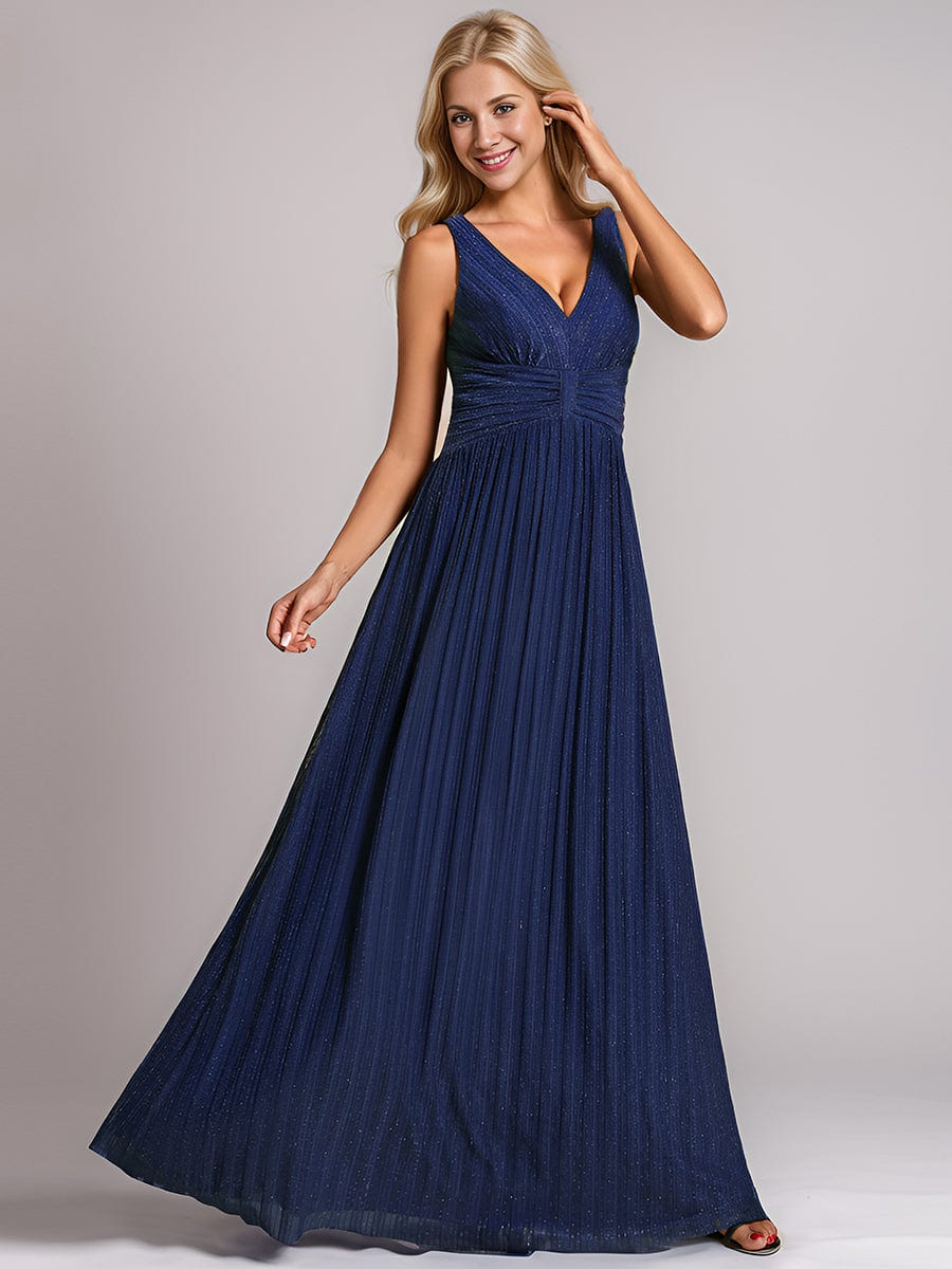 V-Neck Sleeveless A-Line Evening Dress with Subtle Glitter #color_Navy Blue