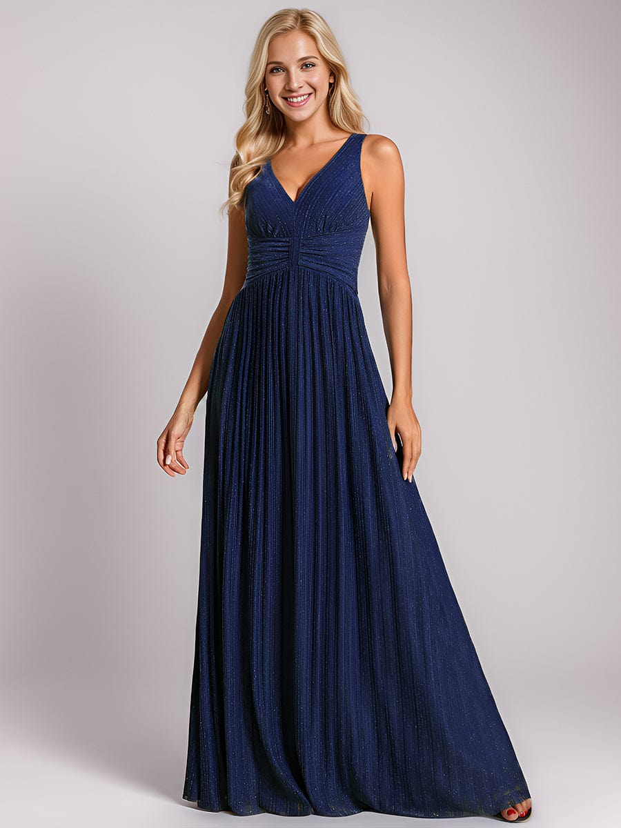 V-Neck Sleeveless A-Line Evening Dress with Subtle Glitter #color_Navy Blue