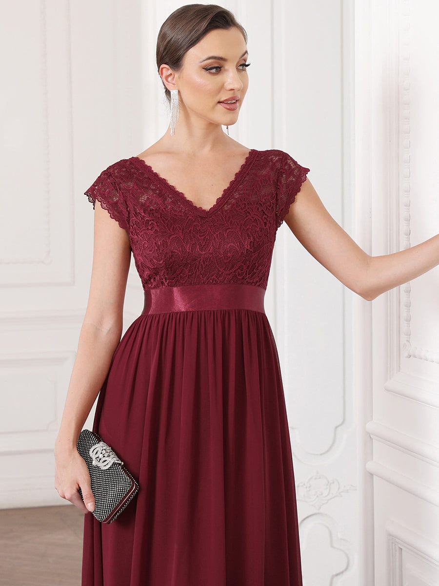 Lace V-Neck & Plunging Back Empire Waist Chiffon Evening Dress #Color_Burgundy