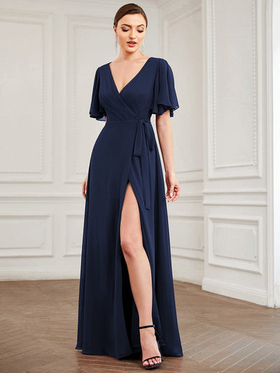 Chiffon Tie Waist V-Neck High Slit Evening Dress - Ever-Pretty UK