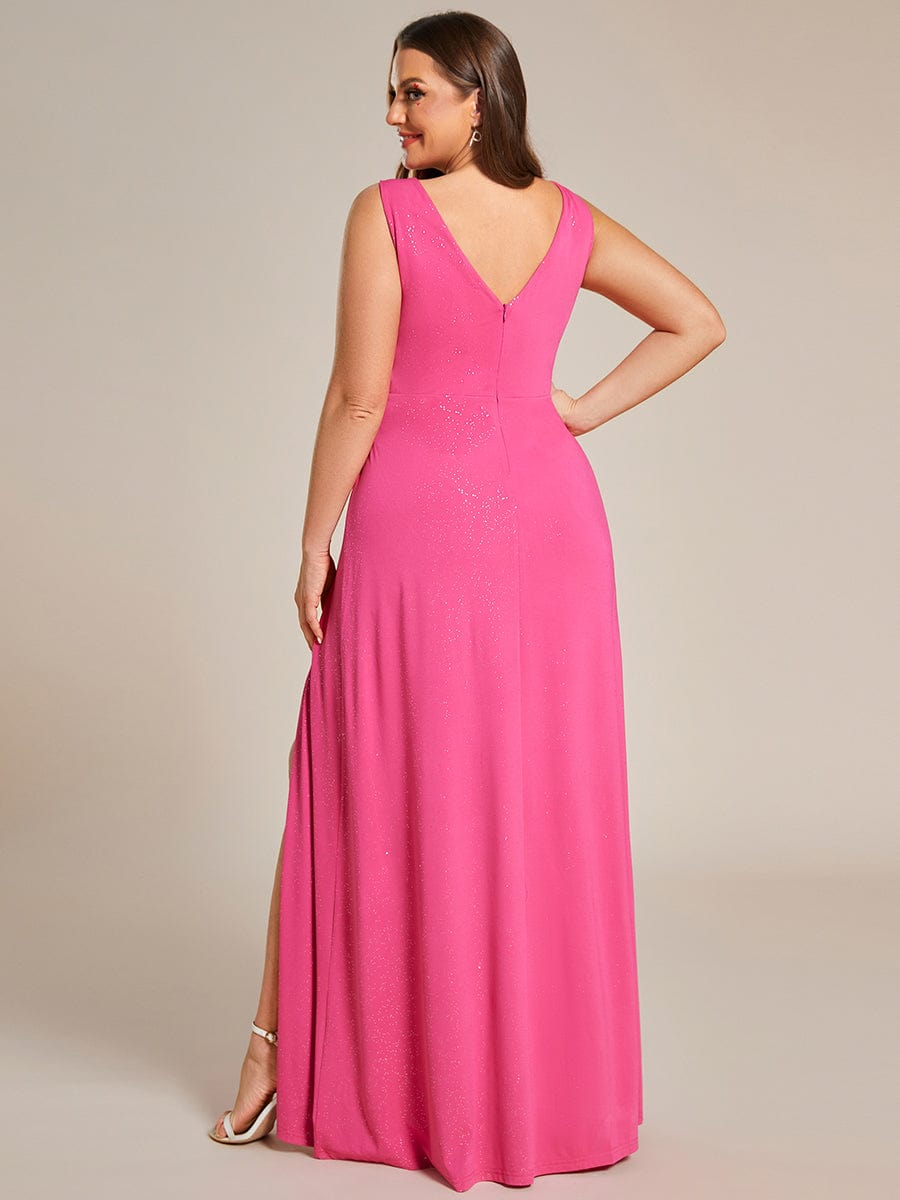 Floor Length V Neck Shimmery Evening Dresses with Side Split #color_Hot Pink