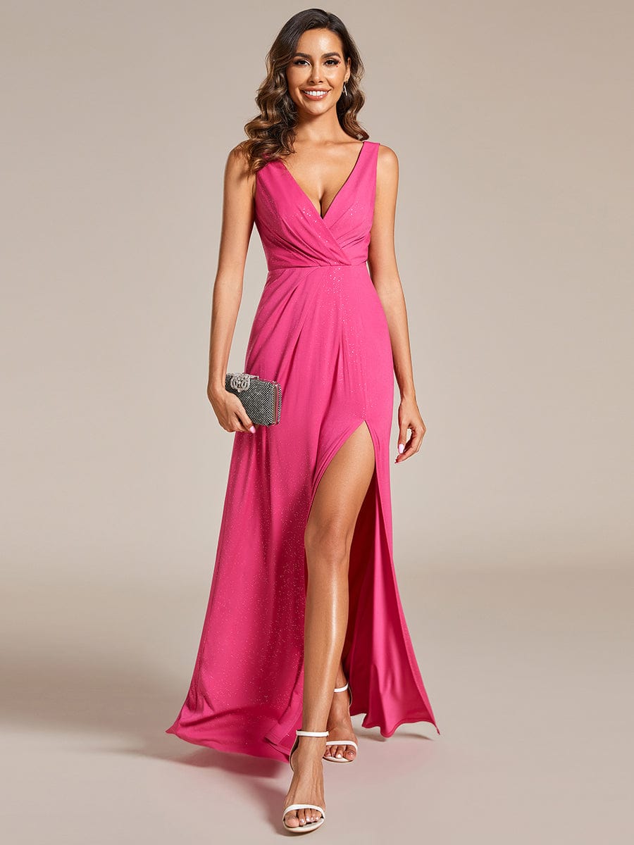 Floor Length V Neck Shimmery Evening Dresses with Side Split #color_Hot Pink