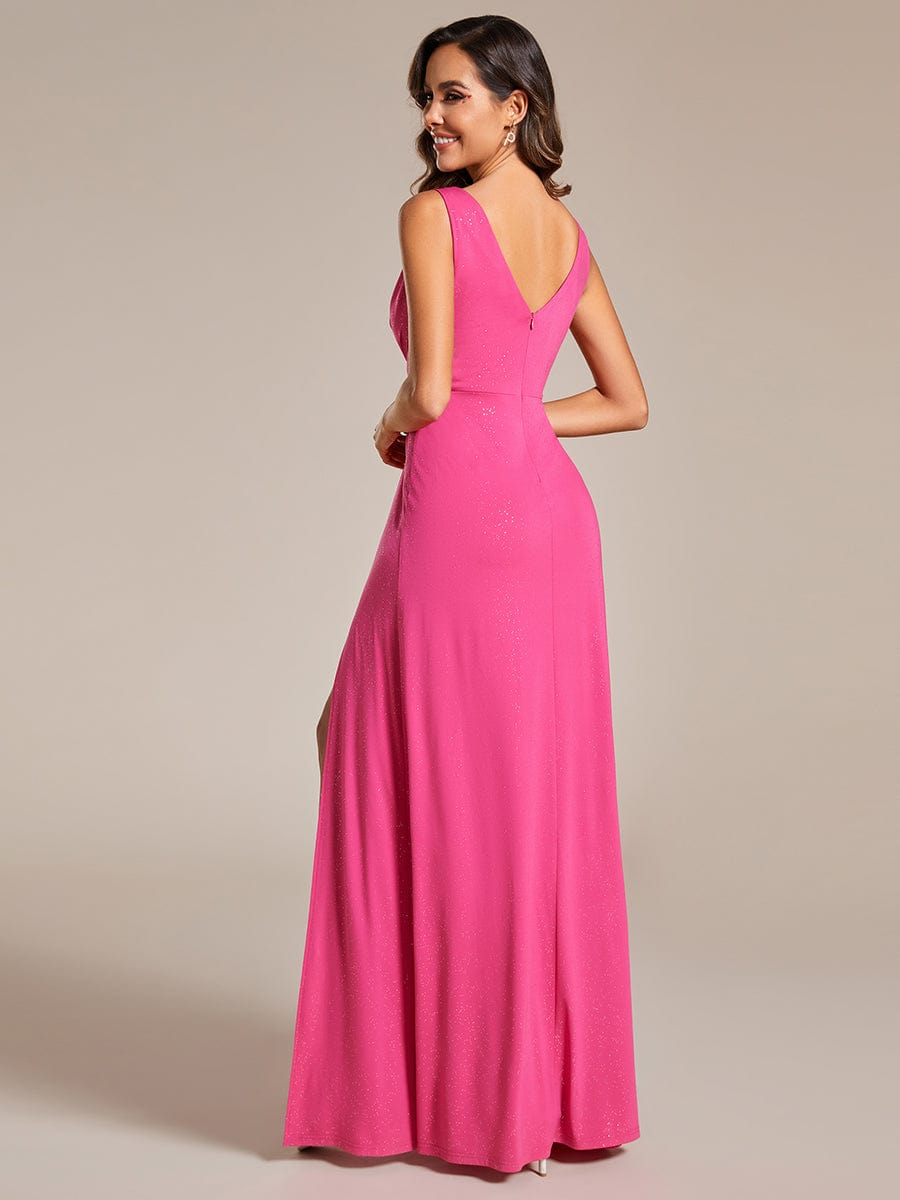 Floor Length V Neck Shimmery Evening Dresses with Side Split #color_Hot Pink