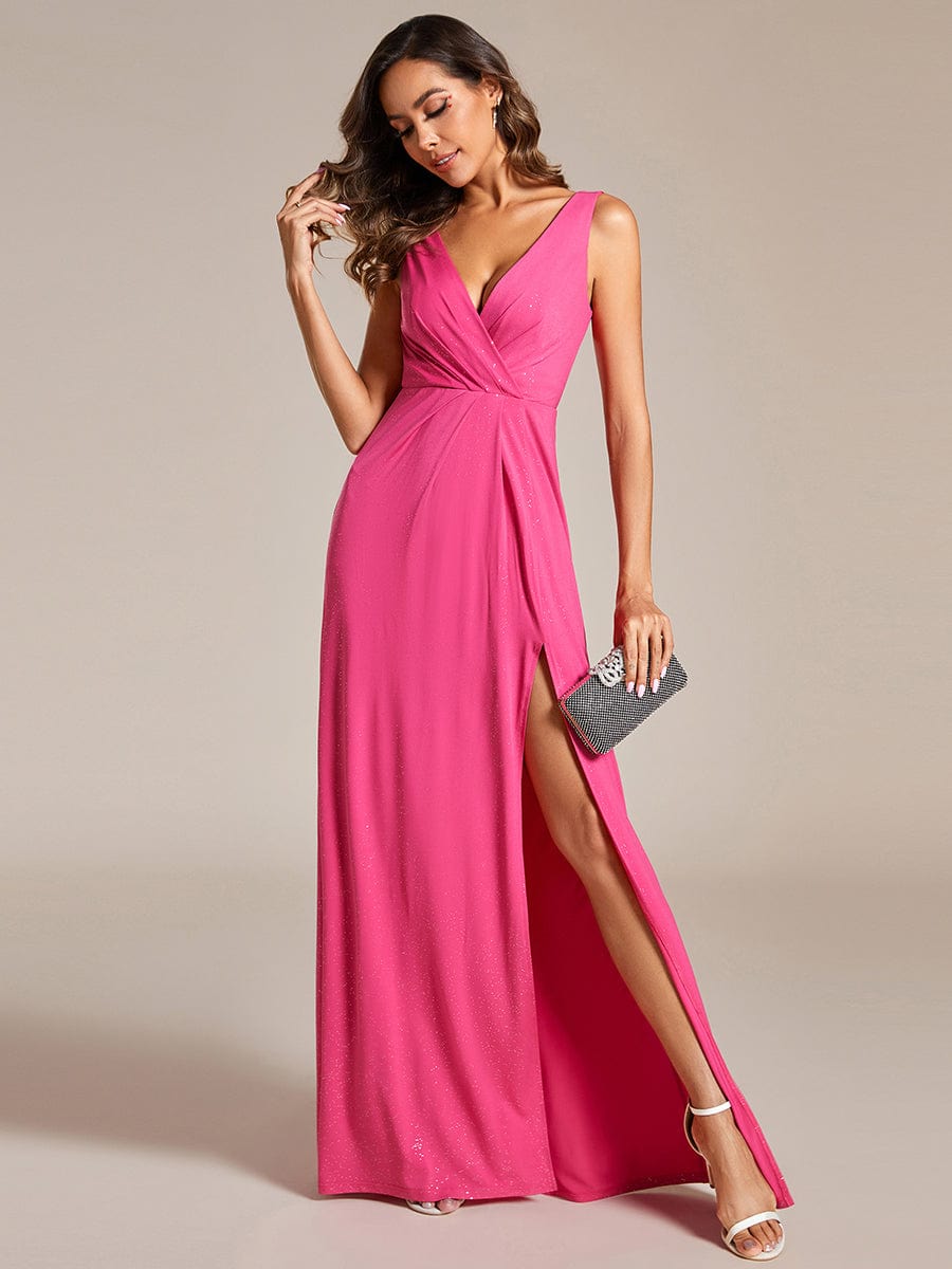 Floor Length V Neck Shimmery Evening Dresses with Side Split #color_Hot Pink