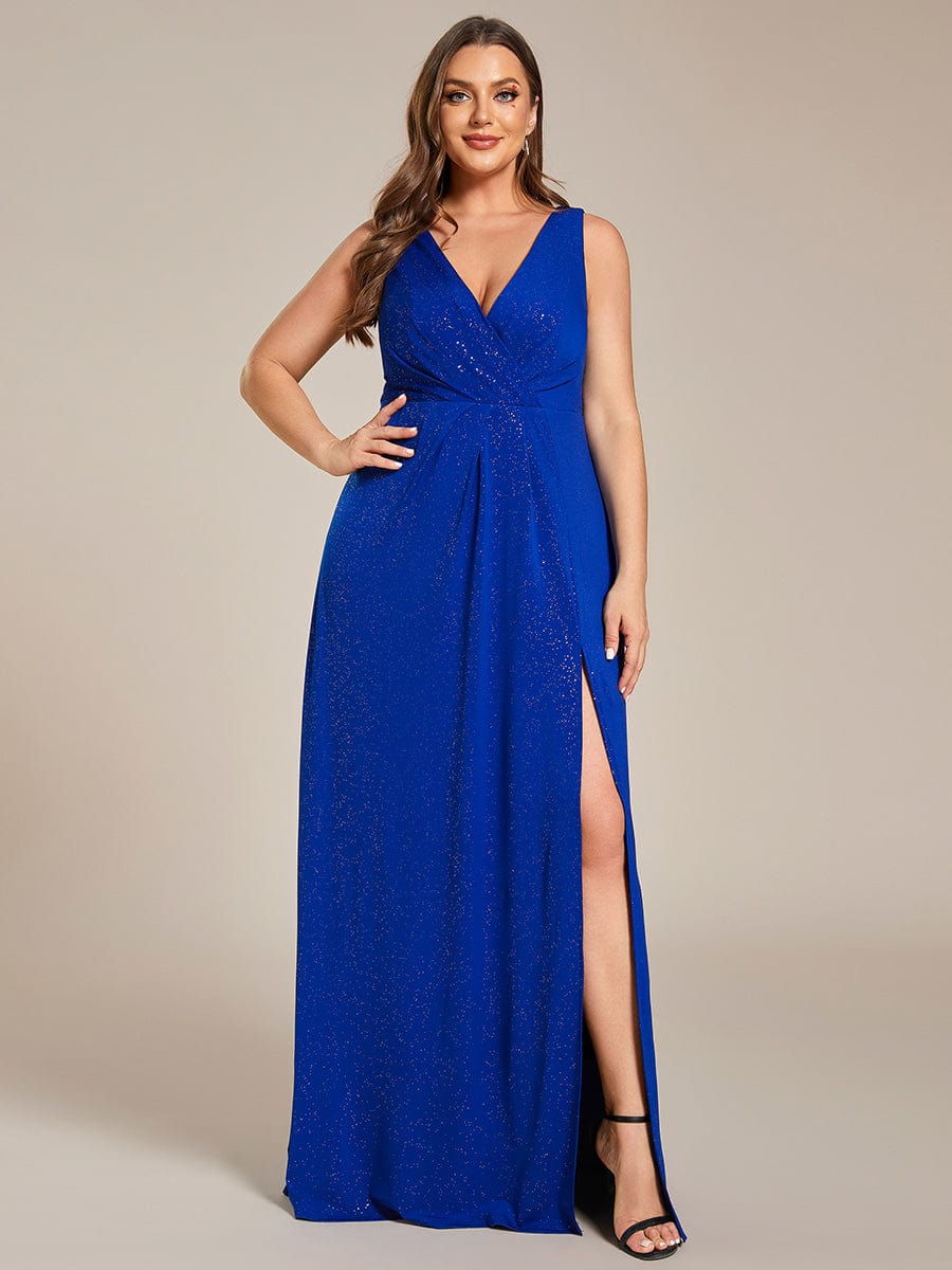 Shiny V Neck Floor Length Plus Size Evening Dresses with Side Split #color_Sapphire Blue