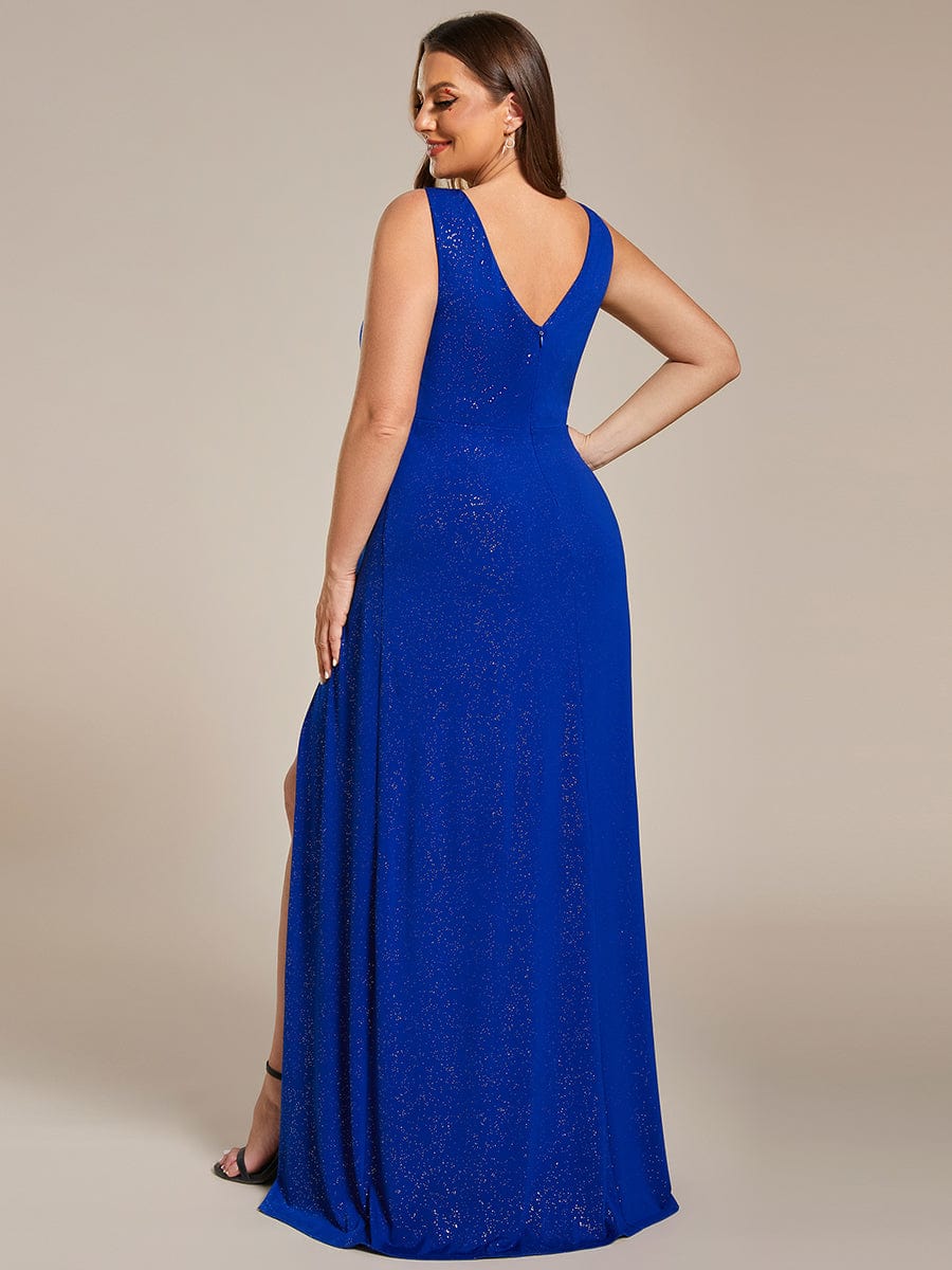 Floor Length V Neck Shimmery Evening Dresses with Side Split #color_Sapphire Blue