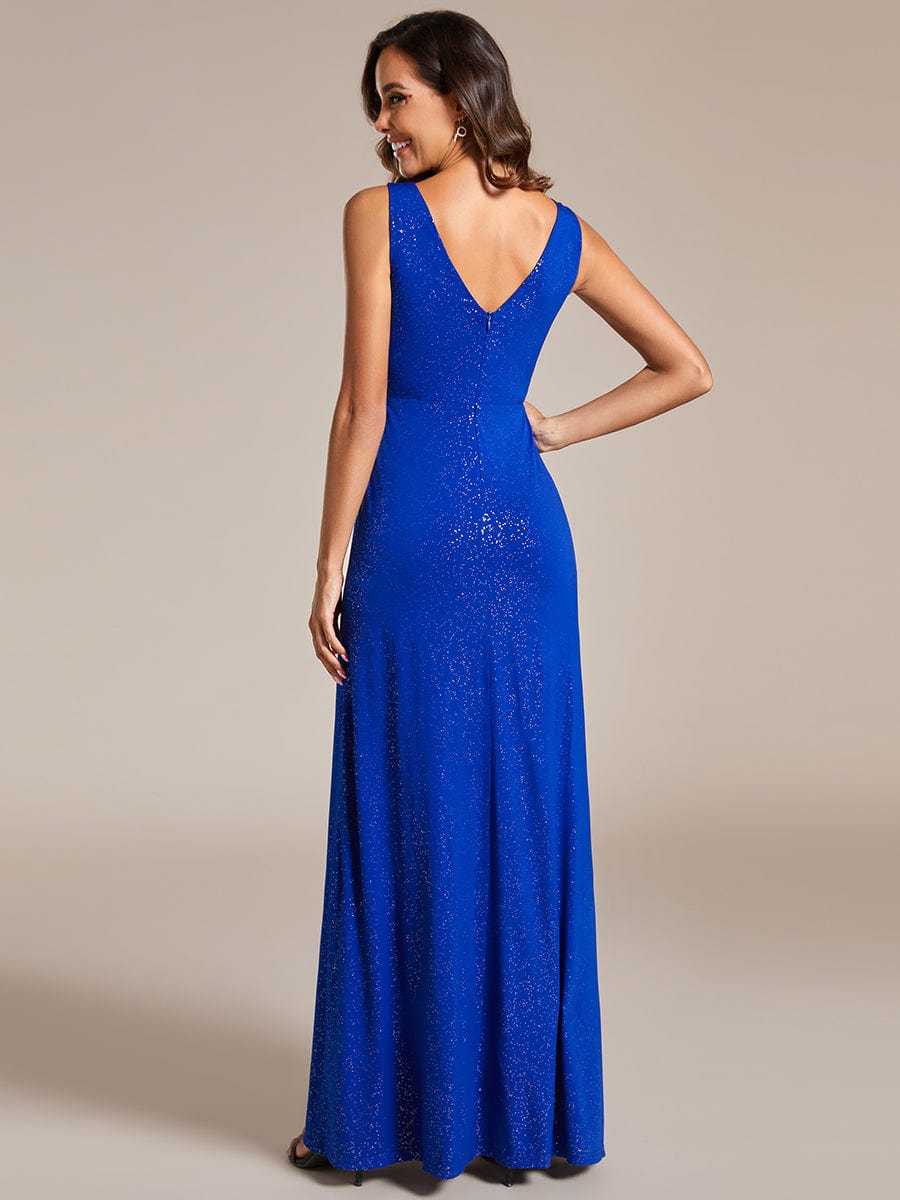 Floor Length V Neck Shimmery Evening Dresses with Side Split #color_Sapphire Blue