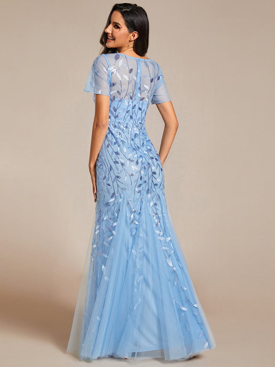 Sequin Leaf Maxi Long Fishtail Tulle Prom Dress With Half Sleeve #color_Sky Blue
