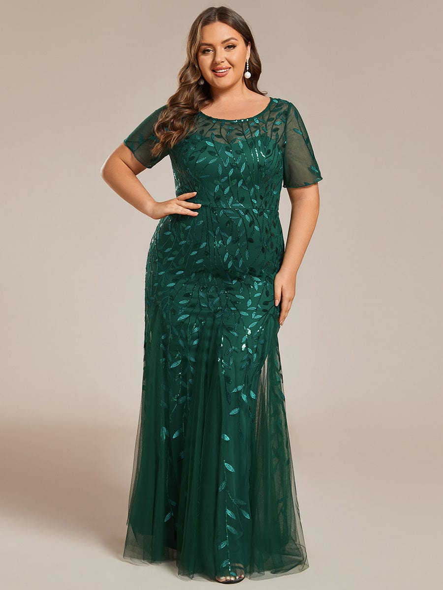 Plus Size Sequin Leaf Long Mermaid Tulle Prom Dress #color_Dark Green