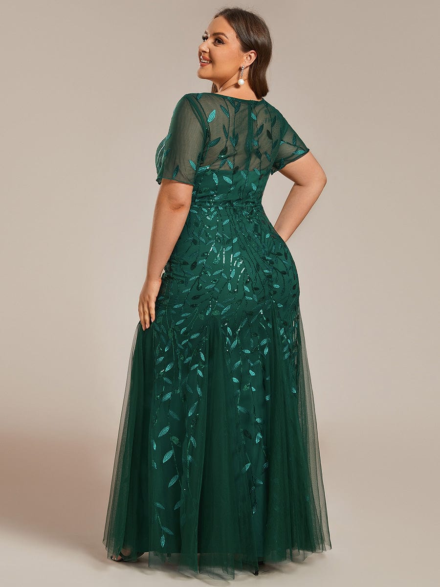 Plus Size Sequin Leaf Long Mermaid Tulle Prom Dress #color_Dark Green