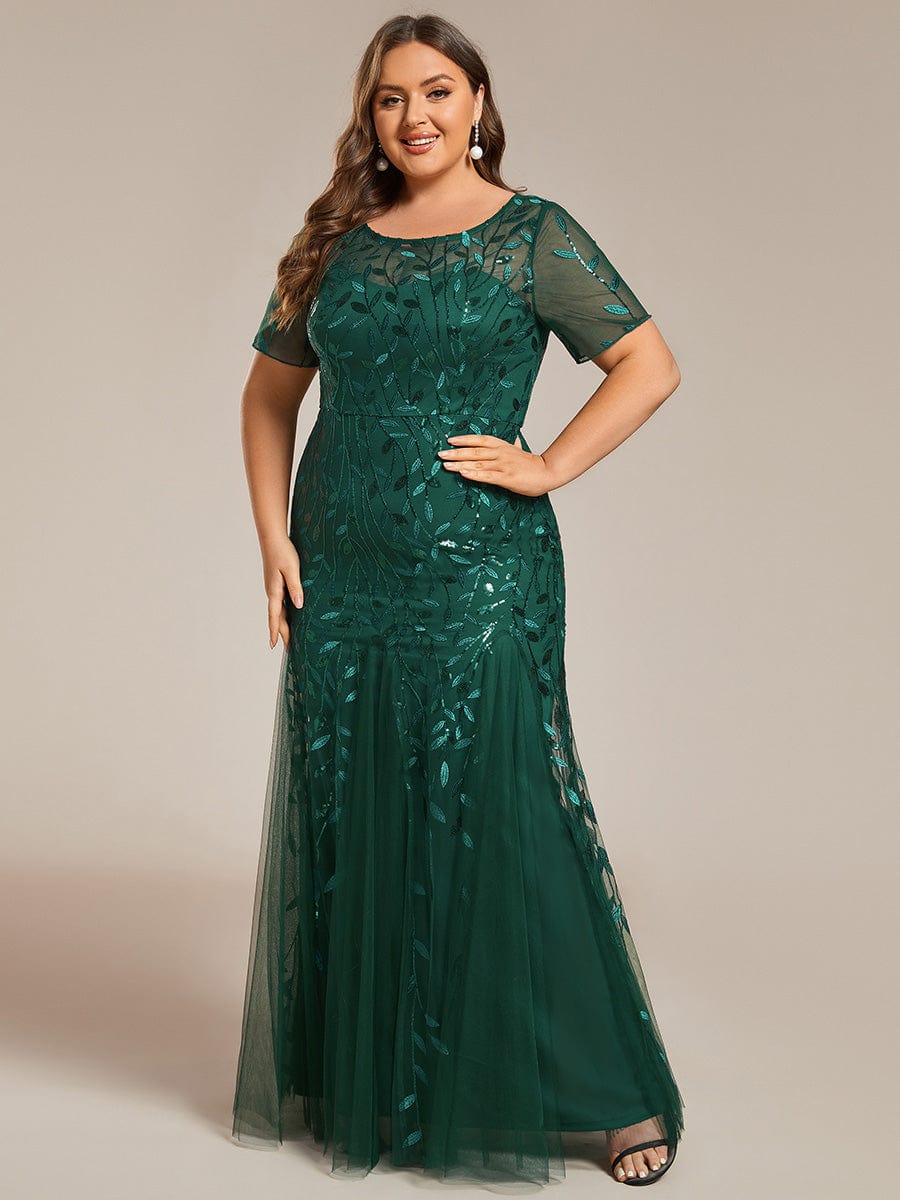 Plus Size Sequin Leaf Long Mermaid Tulle Prom Dress #color_Dark Green