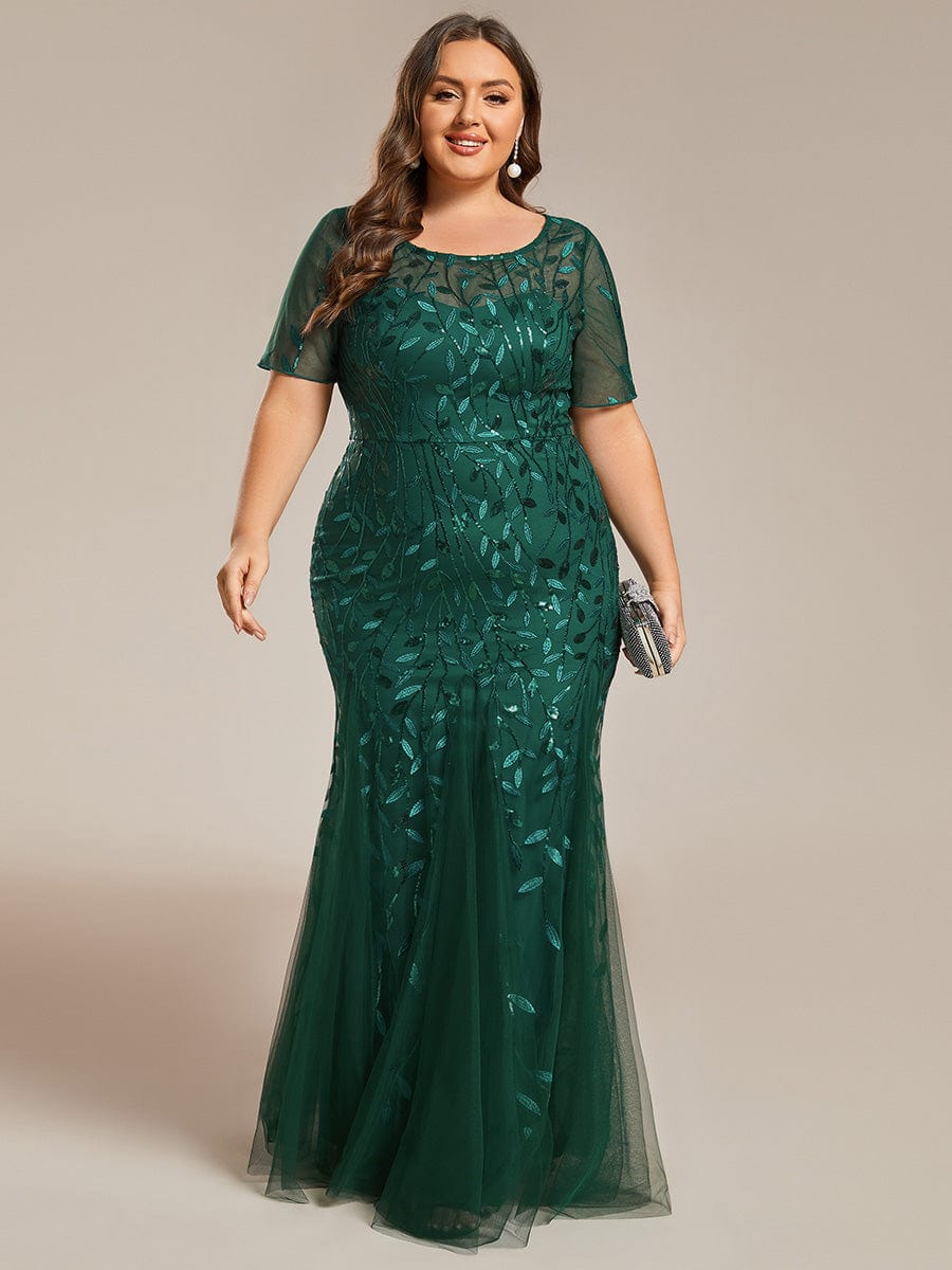 Plus Size Sequin Leaf Long Mermaid Tulle Prom Dress #color_Dark Green