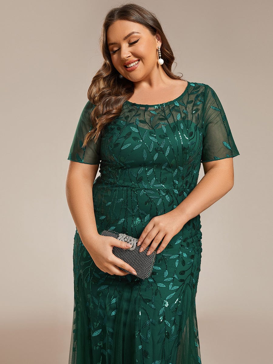 Plus Size Sequin Leaf Long Mermaid Tulle Prom Dress #color_Dark Green