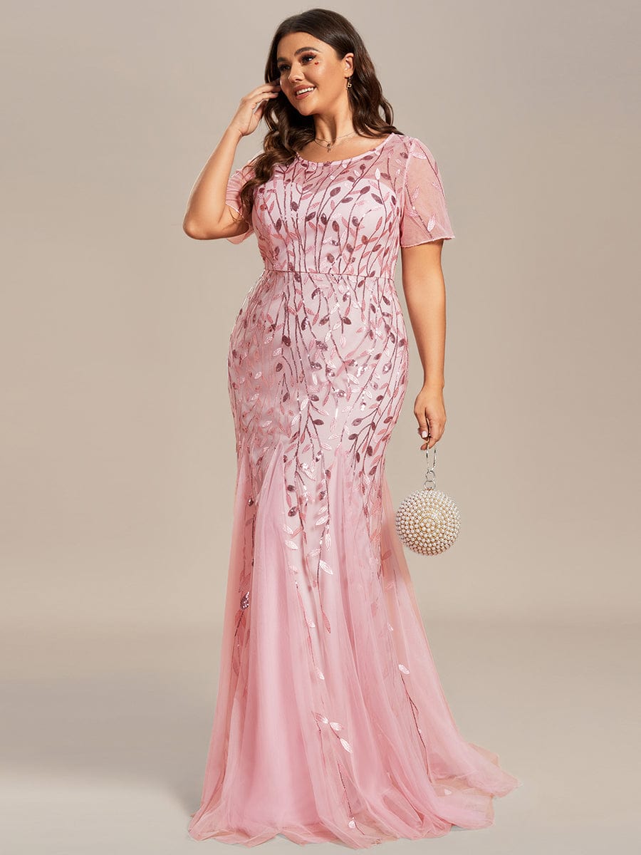 Sequin Leaf Maxi Long Fishtail Tulle Prom Dress With Half Sleeve #color_Pink