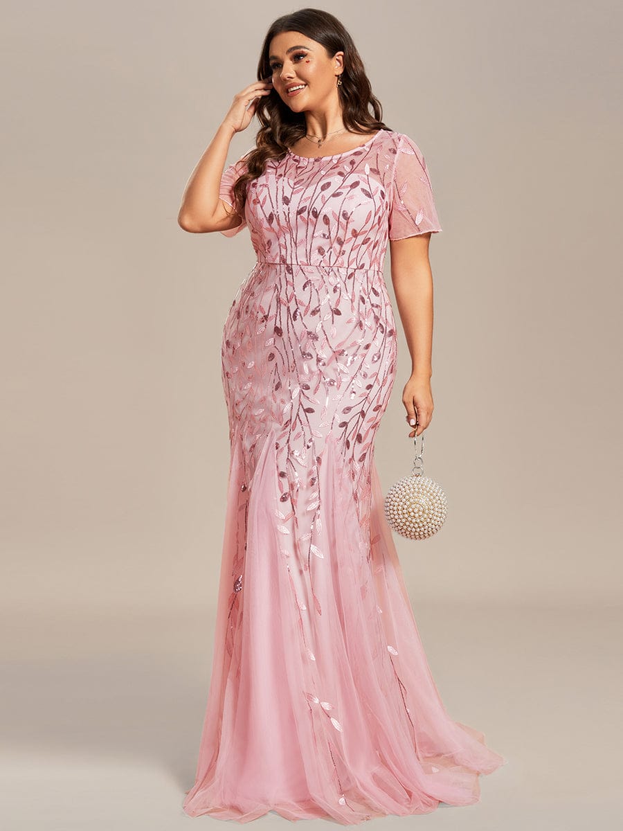 Plus Size Sequin Leaf Long Mermaid Tulle Prom Dress #color_Pink