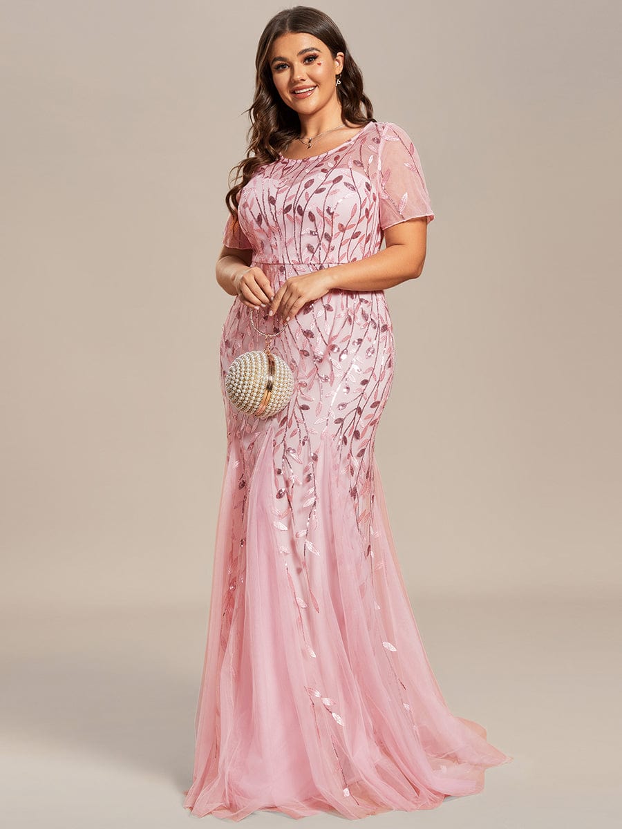 Plus Size Sequin Leaf Long Mermaid Tulle Prom Dress #color_Pink