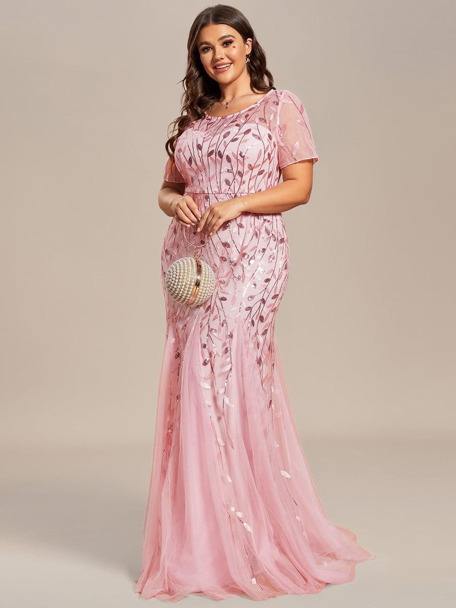 Sequin Leaf Maxi Long Fishtail Tulle Prom Dress With Half Sleeve #color_Pink