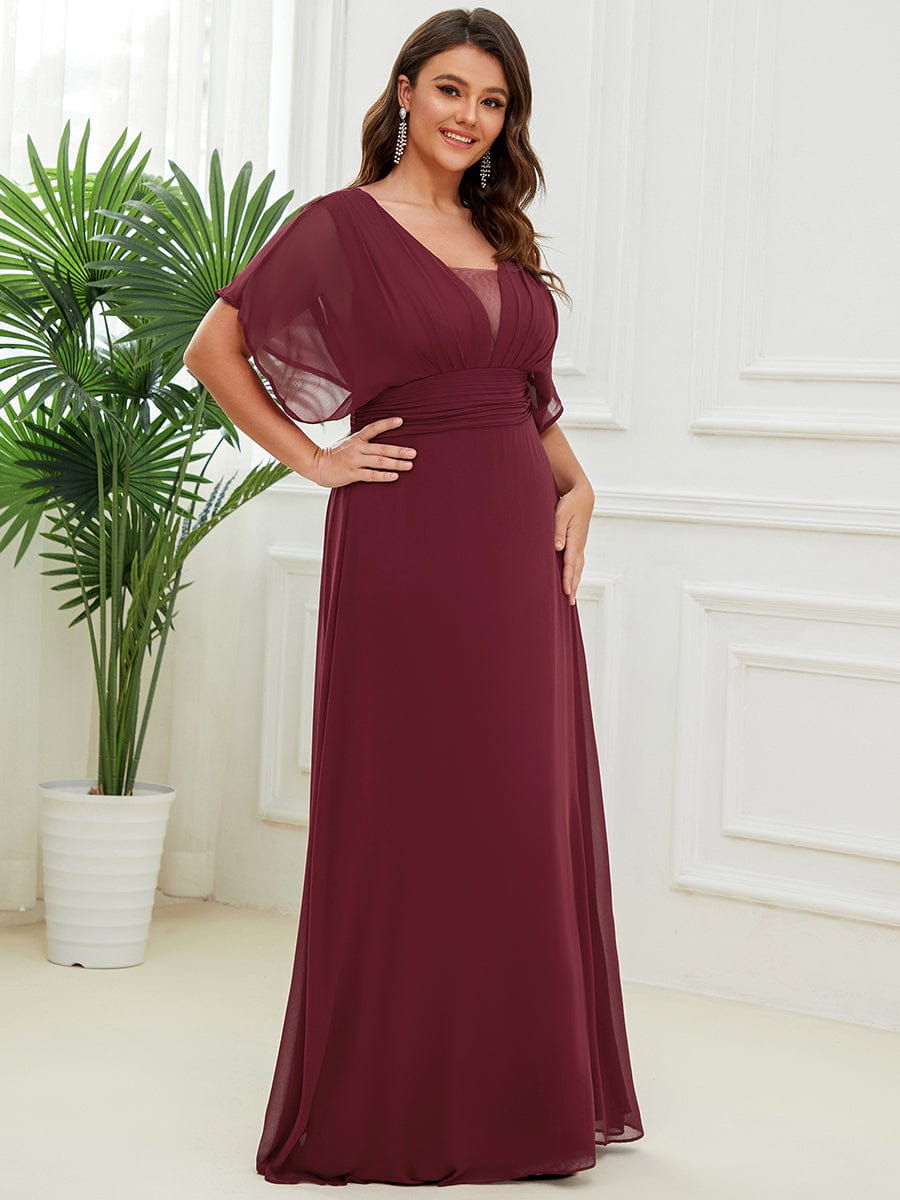 Plus Size V-neck A-Line Empire Waist Chiffon Evening Dress #color_Burgundy