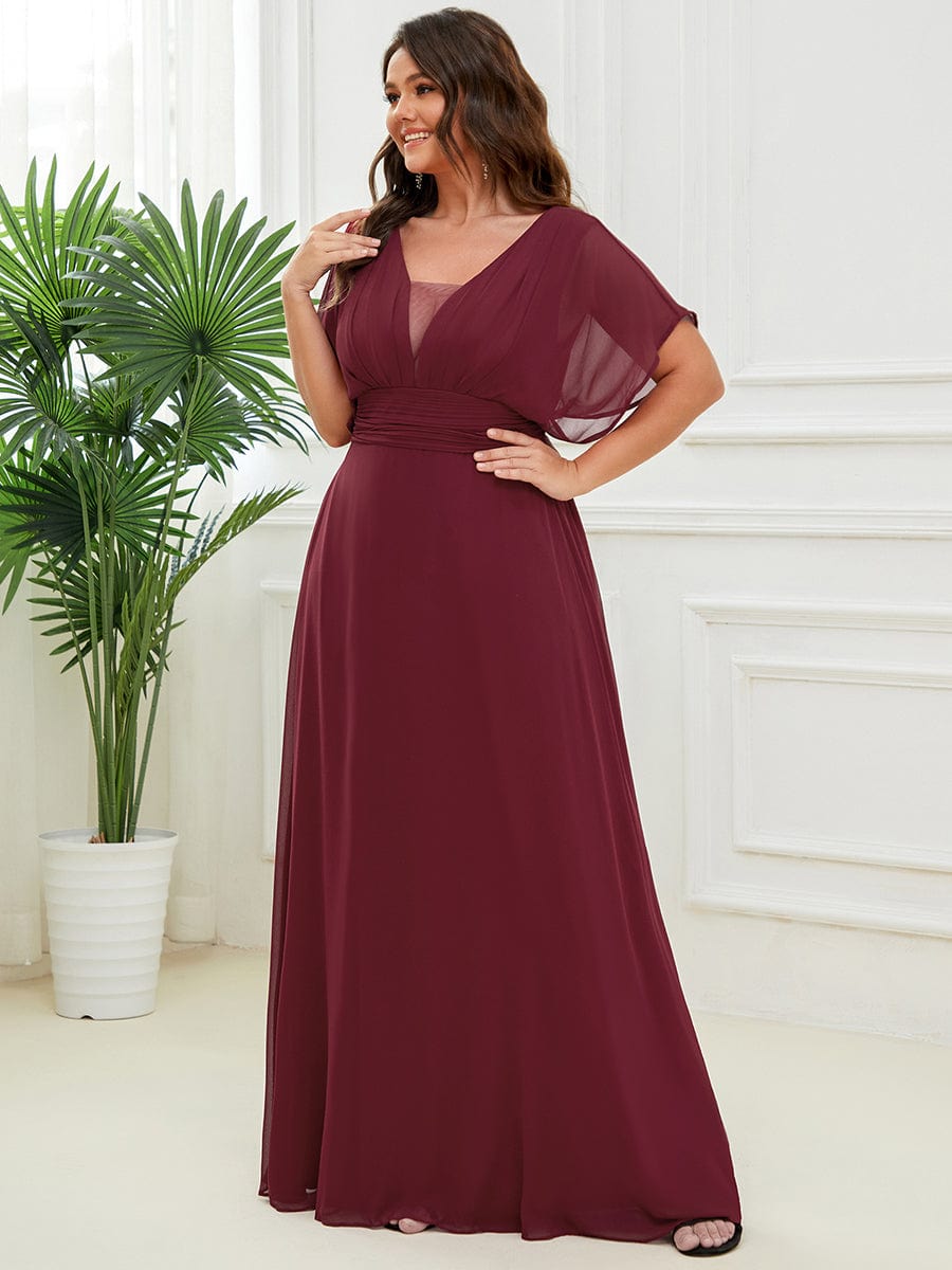 Plus Size V-neck A-Line Empire Waist Chiffon Evening Dress #color_Burgundy