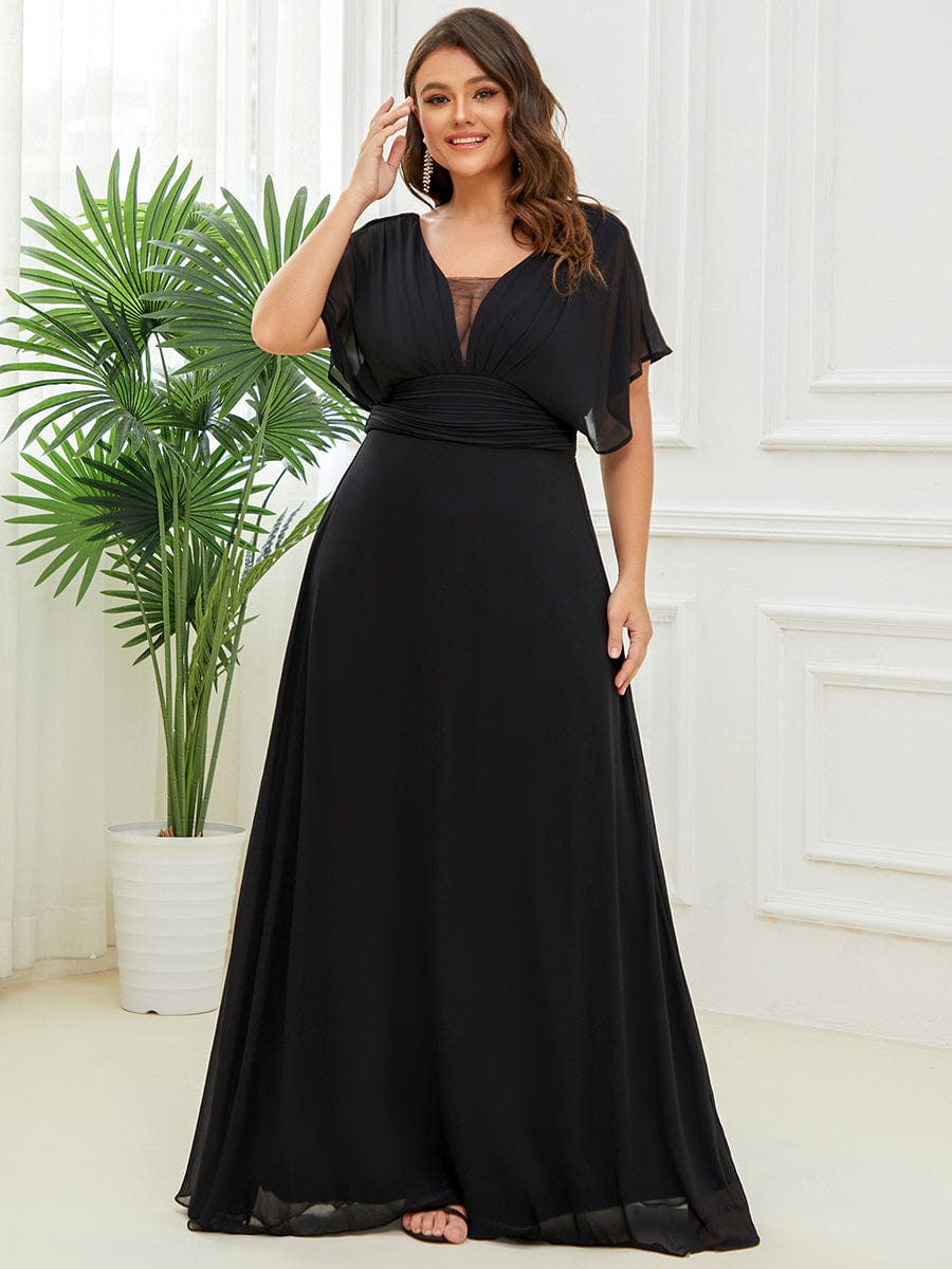 Women's A-Line Empire Waist Chiffon Evening Party Maxi Dress #color_Black