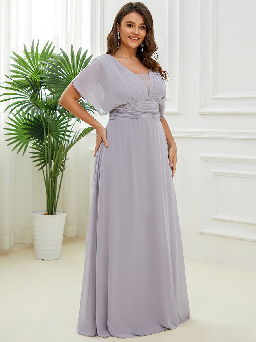 Plus Size V-neck A-Line Empire Waist Chiffon Evening Dress #color_Grey