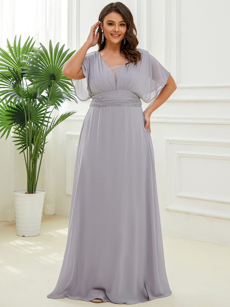 Plus Size V-neck A-Line Empire Waist Chiffon Evening Dress #color_Grey