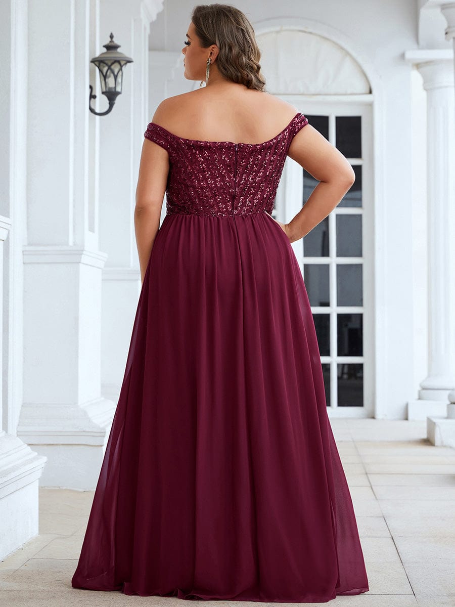 Off Shoulder Shining Paillette A-Line Maxi Evening Dress #color_Burgundy