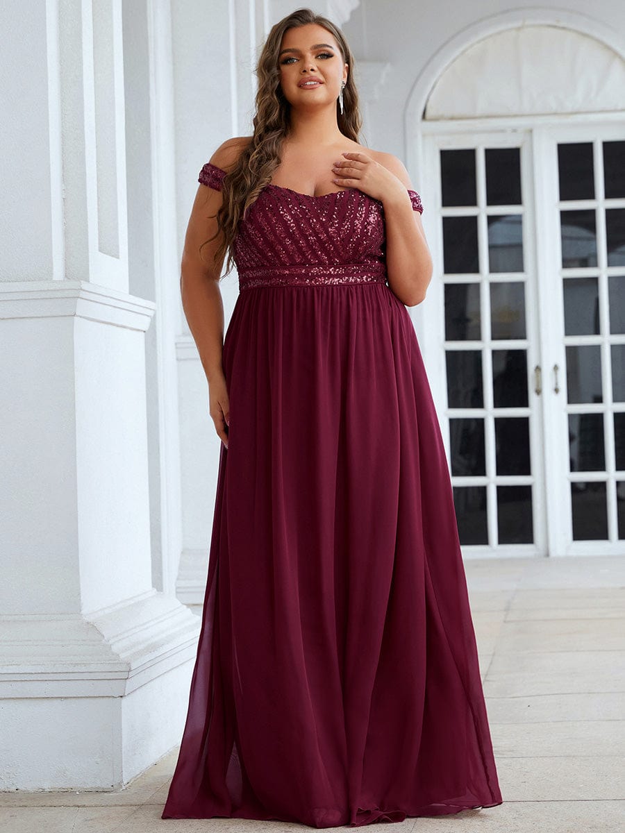 Off Shoulder Shining Paillette A-Line Maxi Evening Dress #color_Burgundy