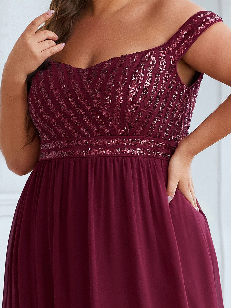 Off Shoulder Shining Paillette A-Line Maxi Evening Dress #color_Burgundy