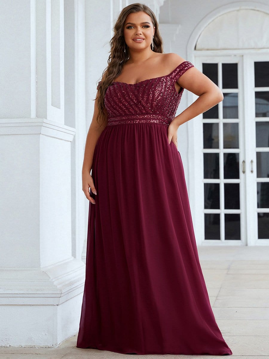 Plus Size Off the Shoulder Shining Paillette A-Line Maxi Evening Dress #color_Burgundy