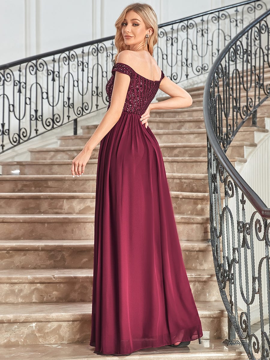 Off Shoulder Shining Paillette A-Line Maxi Evening Dress #color_Burgundy