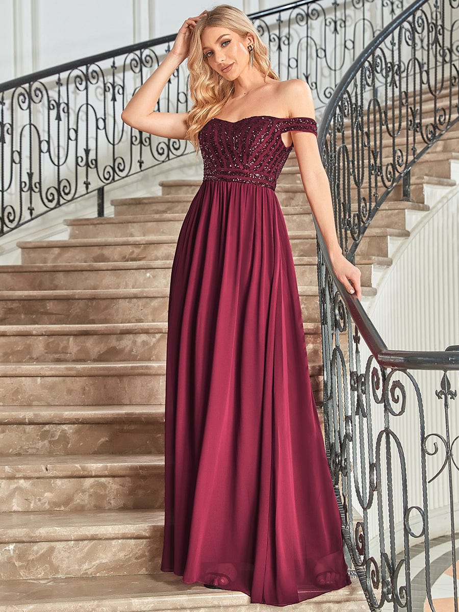 Off Shoulder Shining Paillette A-Line Maxi Evening Dress #color_Burgundy