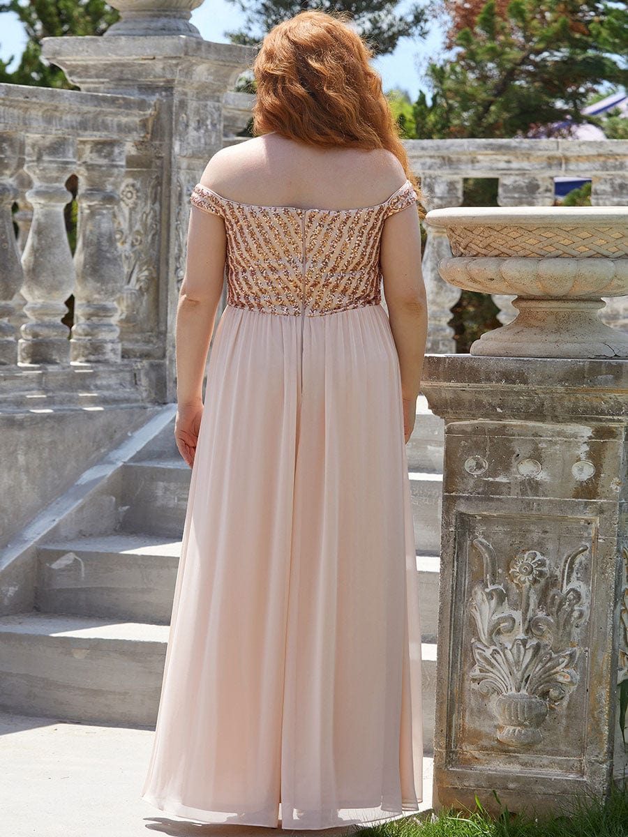 Off Shoulder Shining Paillette A-Line Maxi Evening Dress #color_Blush