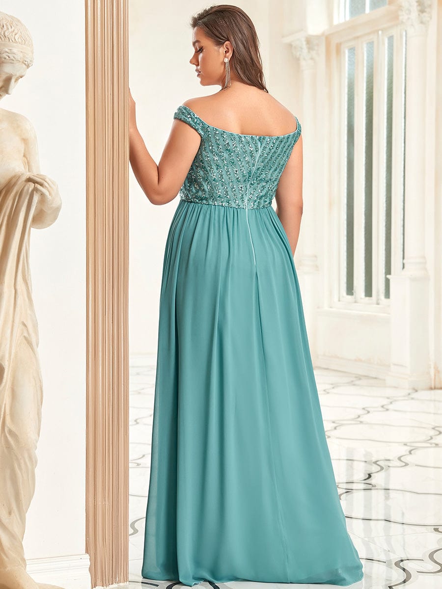 Off Shoulder Shining Paillette A-Line Maxi Evening Dress #color_Dusty Blue