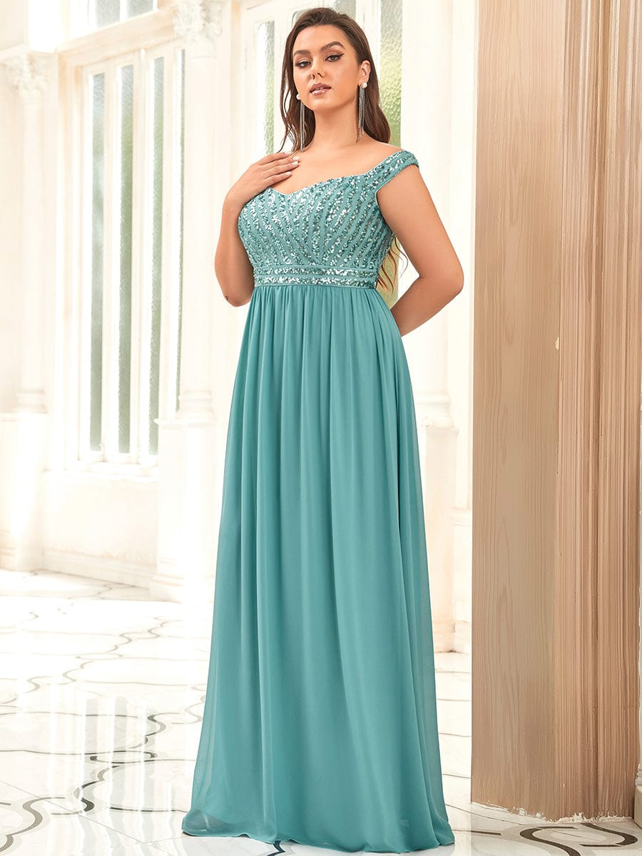 Off Shoulder Shining Paillette A-Line Maxi Evening Dress #color_Dusty Blue