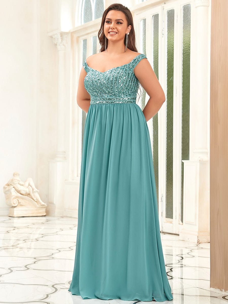 Off Shoulder Shining Paillette A-Line Maxi Evening Dress #color_Dusty Blue