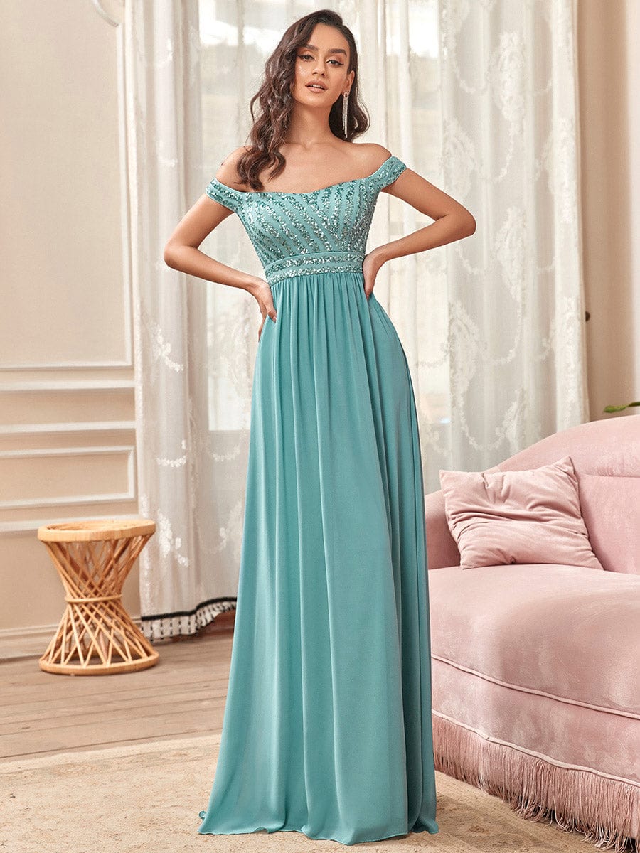 Off Shoulder Shining Paillette A-Line Maxi Evening Dress #color_Dusty Blue