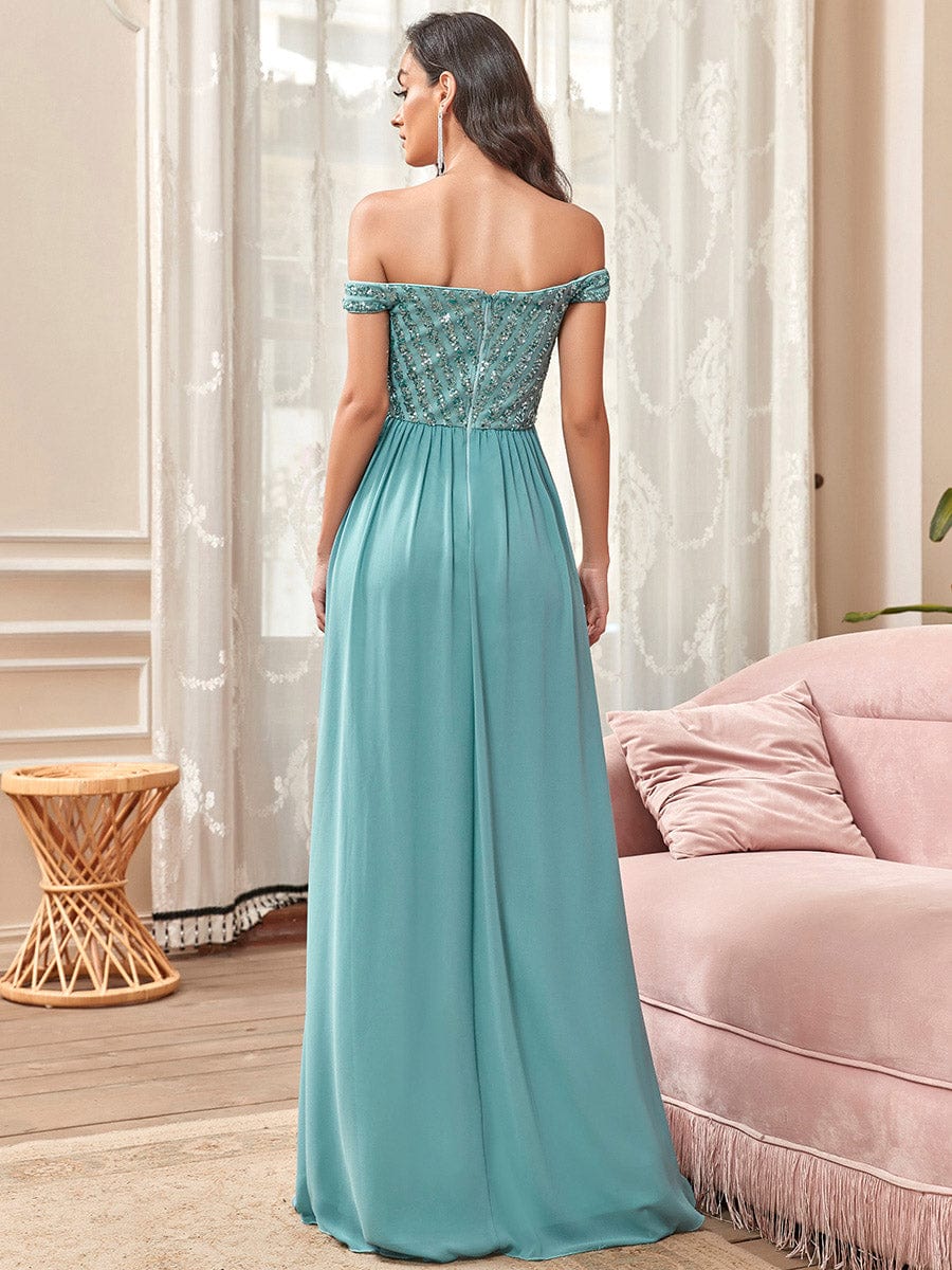 Off Shoulder Shining Paillette A-Line Maxi Evening Dress #color_Dusty Blue