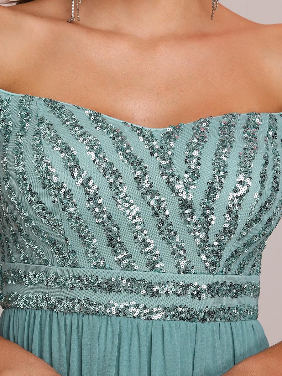 Off Shoulder Shining Paillette A-Line Maxi Evening Dress #color_Dusty Blue